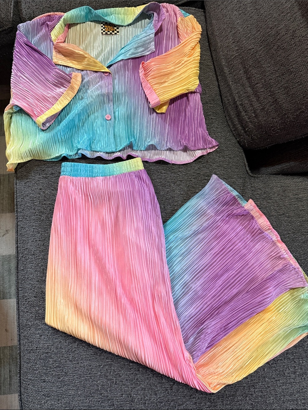 Dressed in Lala Est La Vie Rainbow Stripe Two-Piece Shirt & Skirt Set